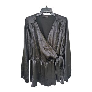Lane Bryant Black Wrap Satin Blouse 20 Plus Long Sleeve Women Side Tie Normcore
